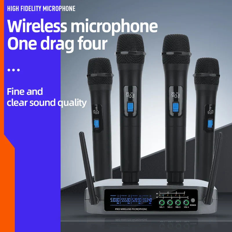 Set of four black professional vhf wireless channel handheld karaoke microphones with blue displays on silver receiver for home party church use