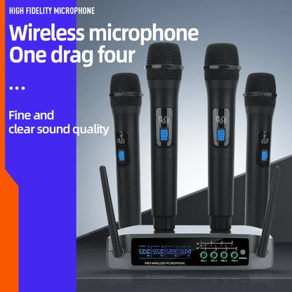 Set of four black professional vhf wireless channel handheld karaoke microphones with blue displays on silver receiver for home party church use