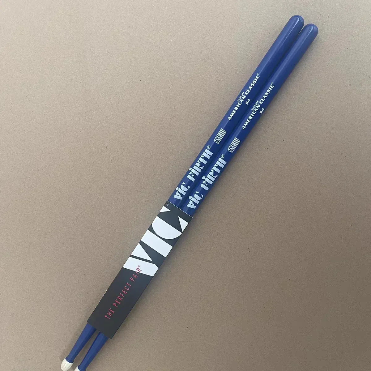 Blue vic firth professional drumsticks 2a with white tips and black white wrap for jazz rock durable hickory use