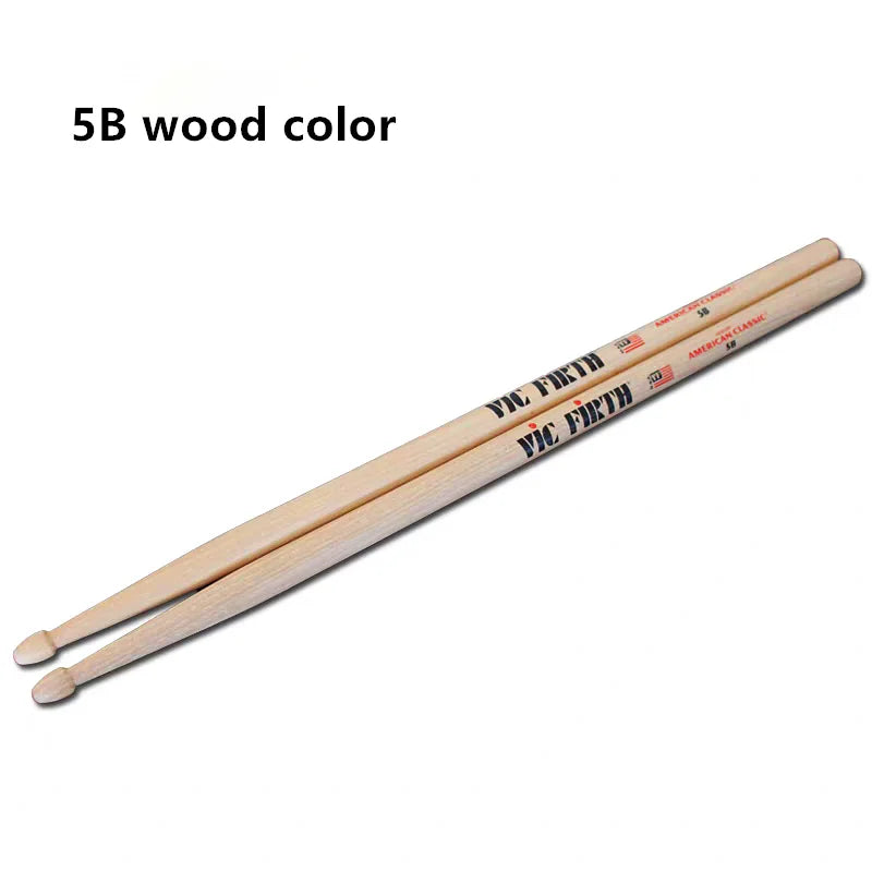 Pair of natural wood-colored professional Vic Firth drumsticks 5b hickory for jazz rock durable musical instrument use