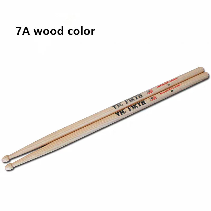 Natural wood-colored vic firth drumsticks 7a with black and red branding made from hickory for jazz rock durable use