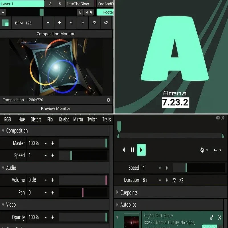 The digital interface of professional vj software resolve arena 7.23.2 features dark panels and a preview monitor for lighting software license support upgrade