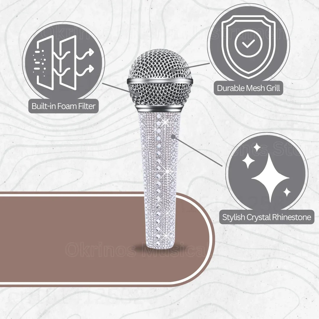 A professional vocal microphone with sparkle white decorative handle sleeve and crystal rhinestones on a silver mesh grill