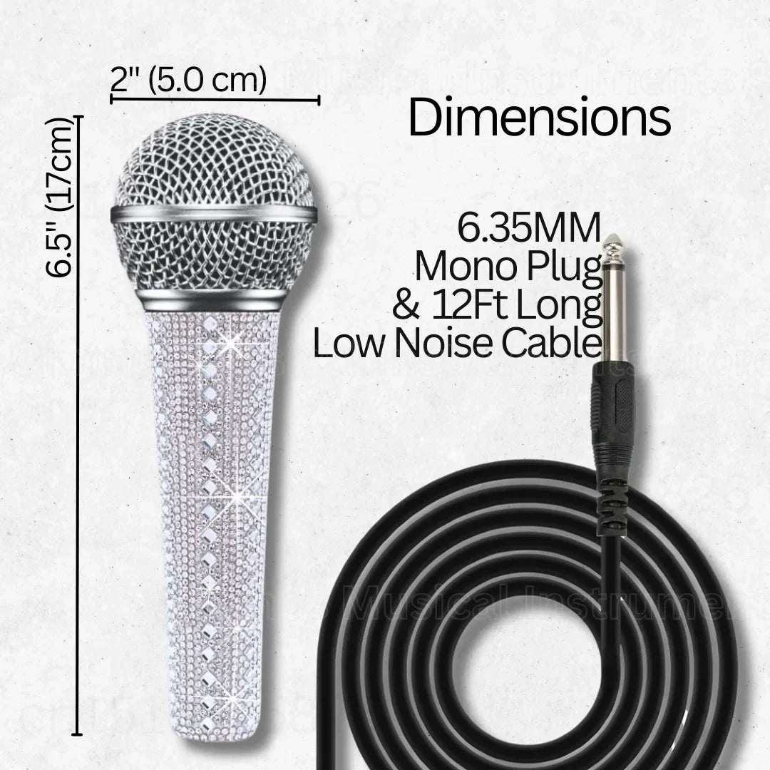 Professional vocal microphone with sparkle white decorative handle sleeve and diamond-encrusted silver body for singing