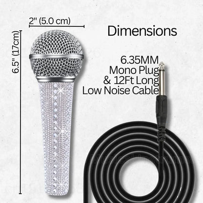 Professional vocal microphone with dynamic handheld wired design and sparkle white decorative diamond-encrusted body