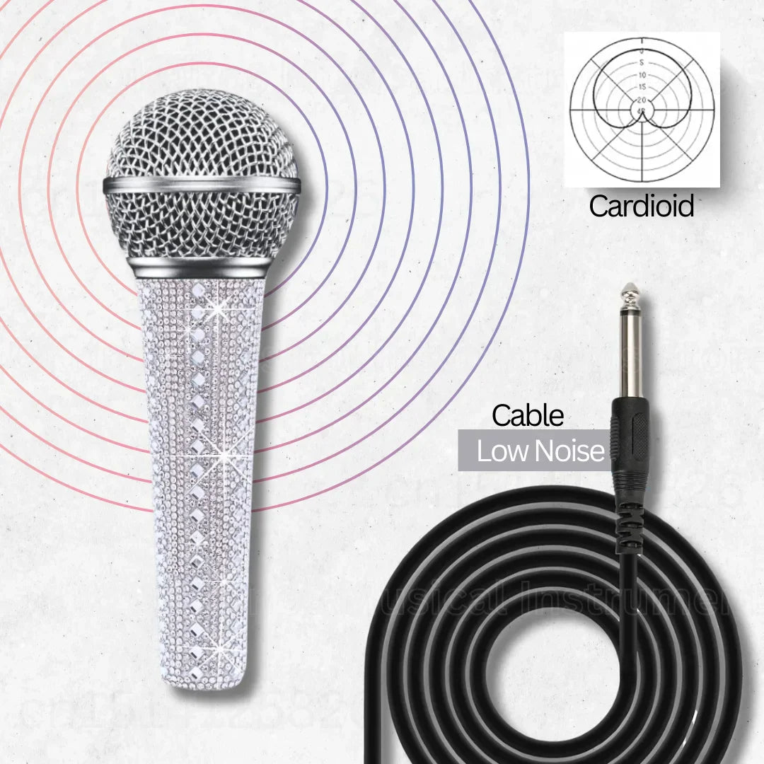 A professional vocal microphone with a sparkle white decorative handle sleeve and diamond-encrusted silver body for singing
