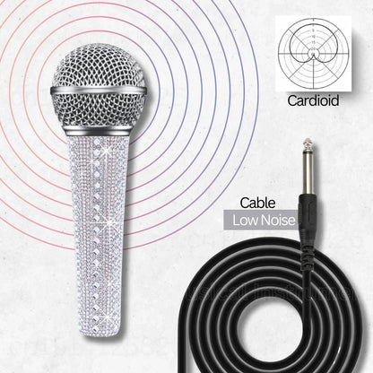 A professional vocal microphone with a sparkle white decorative handle sleeve and diamond-encrusted silver body for singing