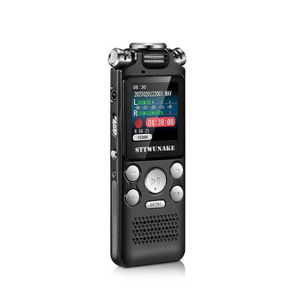 Black professional voice activated digital audio voice recorder with silver accents and color screen displaying recording details