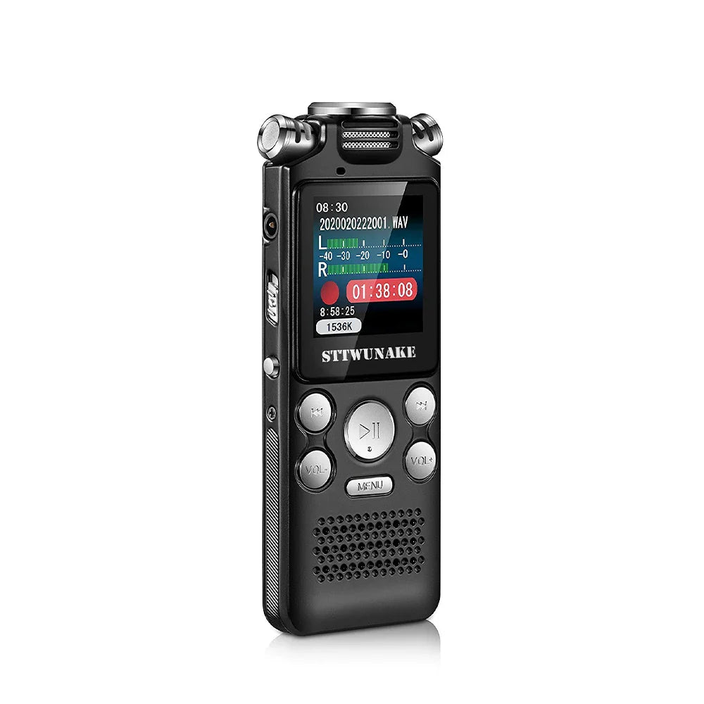 Black professional voice activated digital audio voice recorder with silver accents and color screen displaying recording details