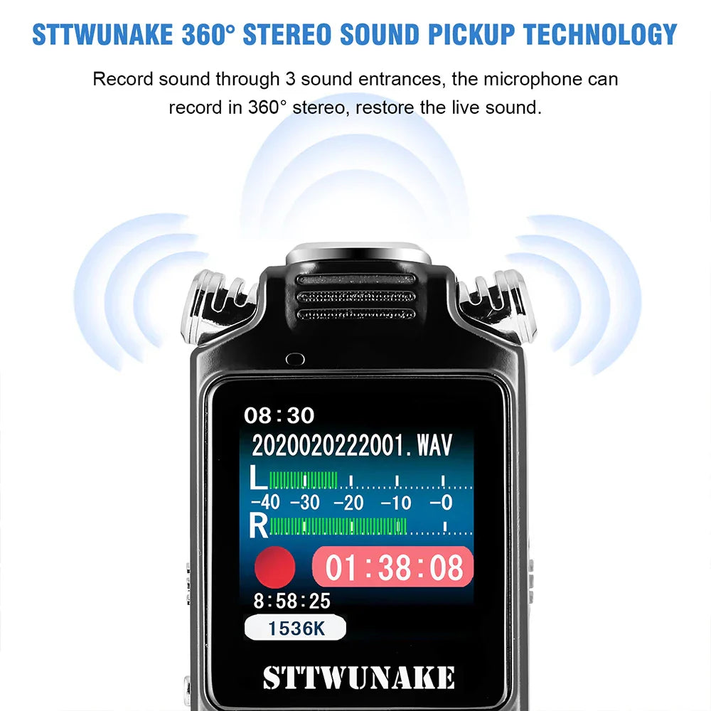 Black professional voice activated digital audio voice recorder with 360° stereo sound pickup and recording display