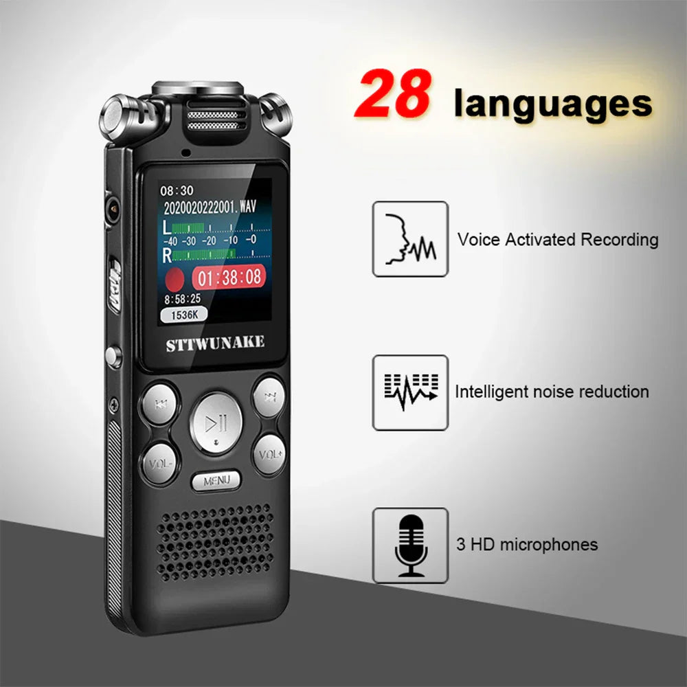 Black stiwunake professional voice activated digital audio voice recorder with sleek rectangular design and three hd microphones