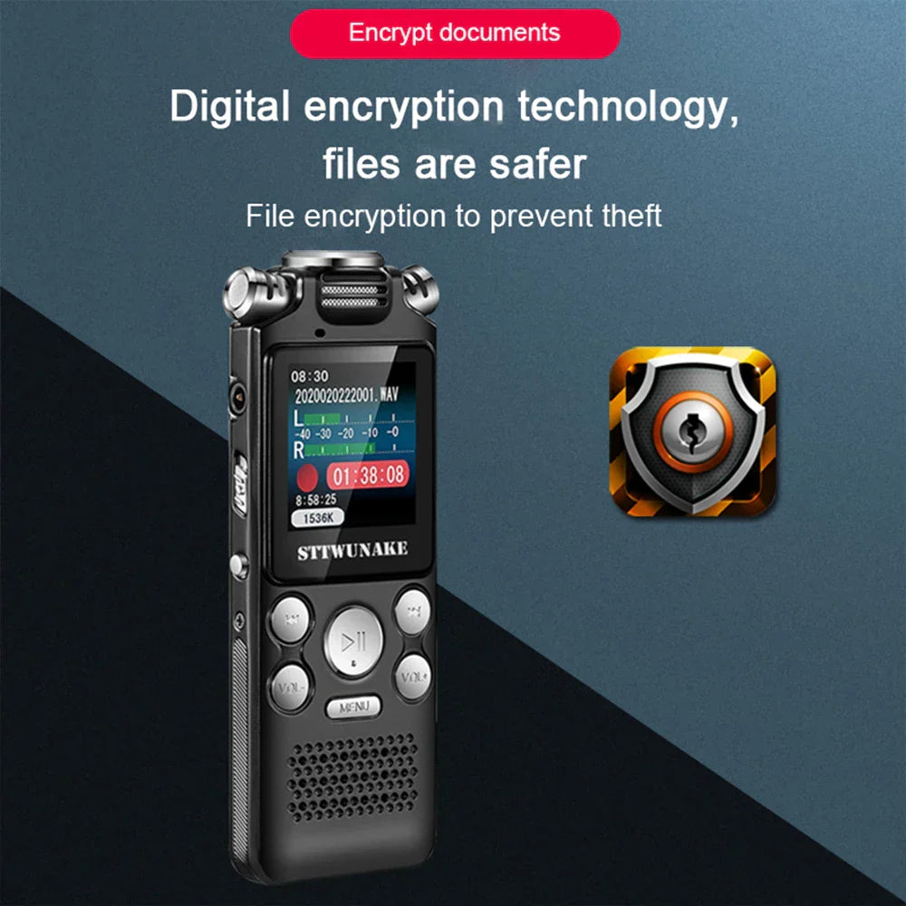 Black professional voice activated digital audio voice recorder with compact design and small screen displaying recording time