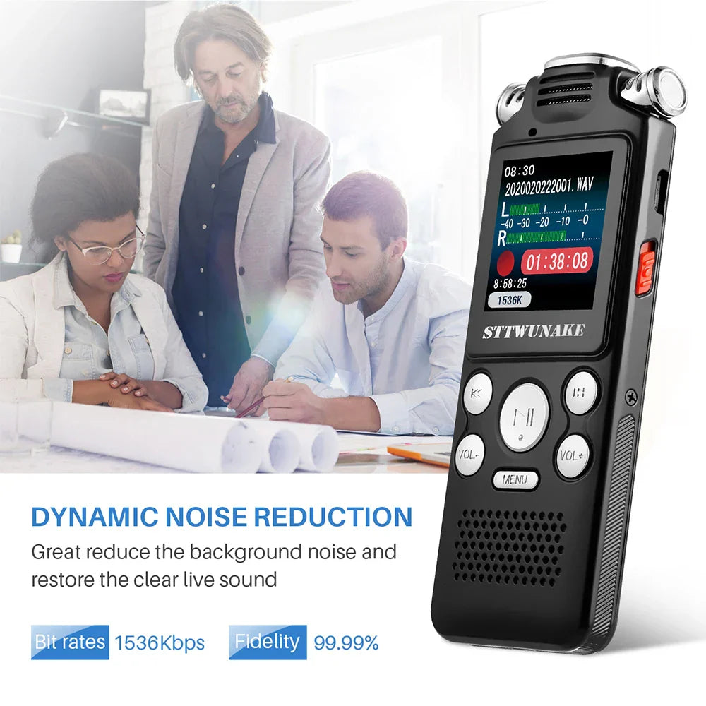 Black professional voice activated digital audio voice recorder with silver accents and screen showing recording details
