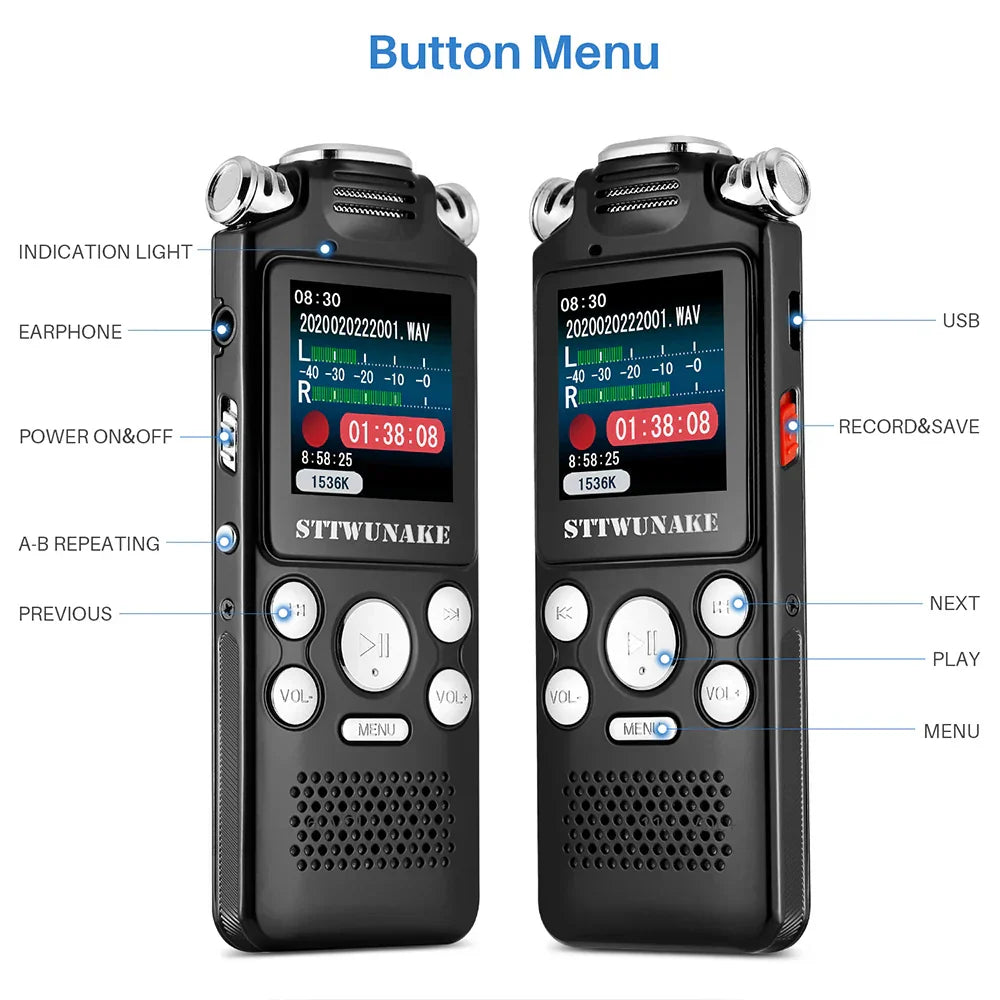 Black professional voice activated digital audio voice recorder with silver accents and screen showing recording details