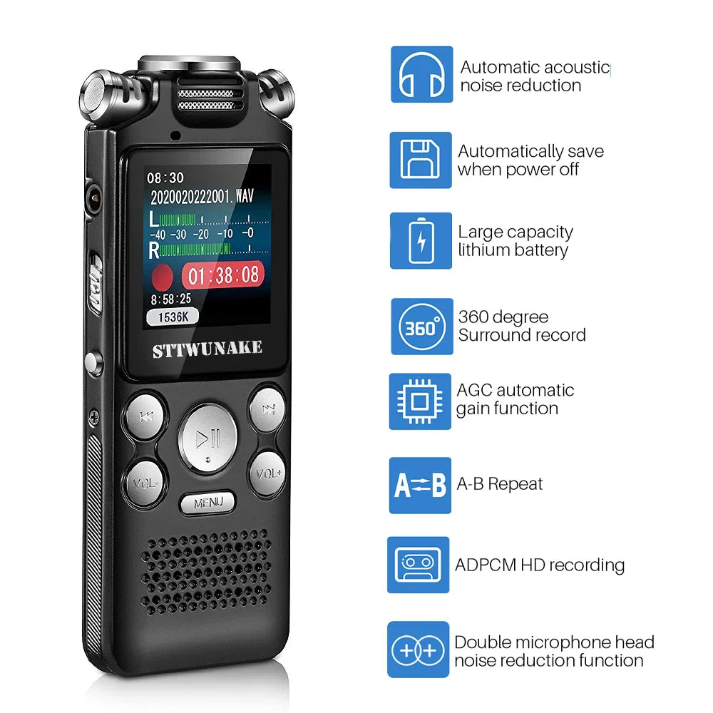 Black professional voice activated digital audio voice recorder with dual microphones and color screen displaying audio levels