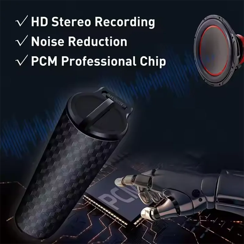 Black carbon fiber textured professional voice recorder with sleek cylindrical design and magnetic long standby lid