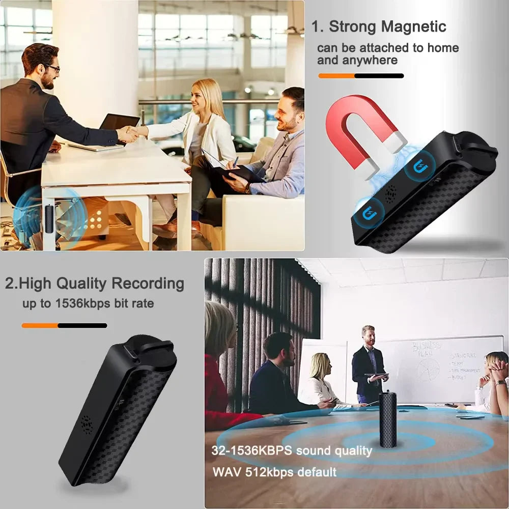 Black textured professional voice recorder with magnetic long standby and compact design for audio dictaphone waterproof use