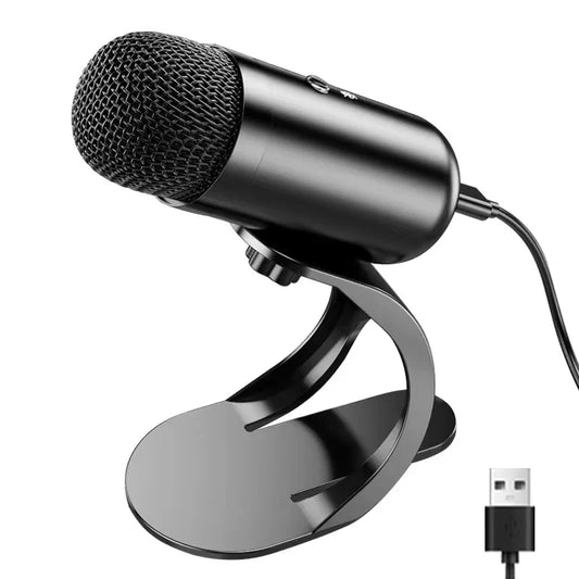 Black professional wired condenser usb desktop microphone with mesh grille and metallic finish for gaming and conference use