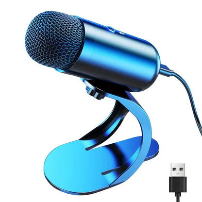 Blue usb professional wired condenser microphone with mesh grille and metallic finish on adjustable stand for gaming and conference use