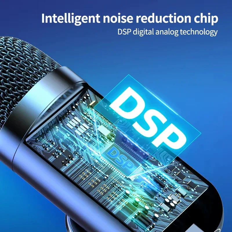 Black professional wired condenser microphone with mesh grille and dsp noise reduction chip for gaming usb microphone use
