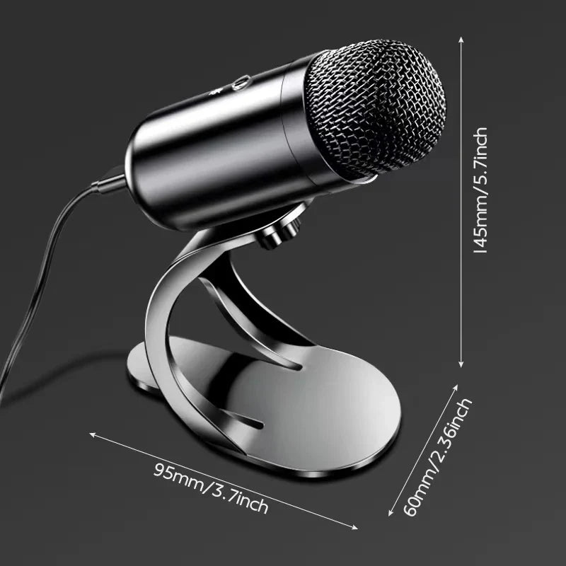 A sleek black and silver professional wired condenser desktop microphone on an adjustable metallic stand for gaming usb use