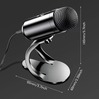 A sleek black and silver professional wired condenser desktop microphone on an adjustable metallic stand for gaming usb use