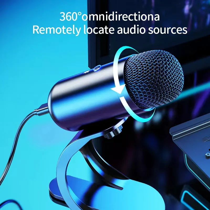 A sleek dark blue metallic professional wired condenser microphone with mesh grille and curved stand for gaming usb use