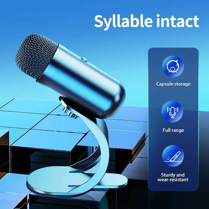 A sleek metallic professional wired condenser microphone with mesh grille and curved stand for gaming usb microphone use