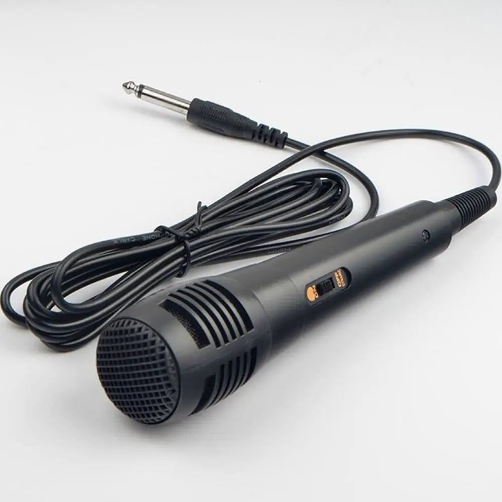 Black professional wired dynamic microphone with coiled cable, orange switch, and 6.35mm plug for karaoke recording