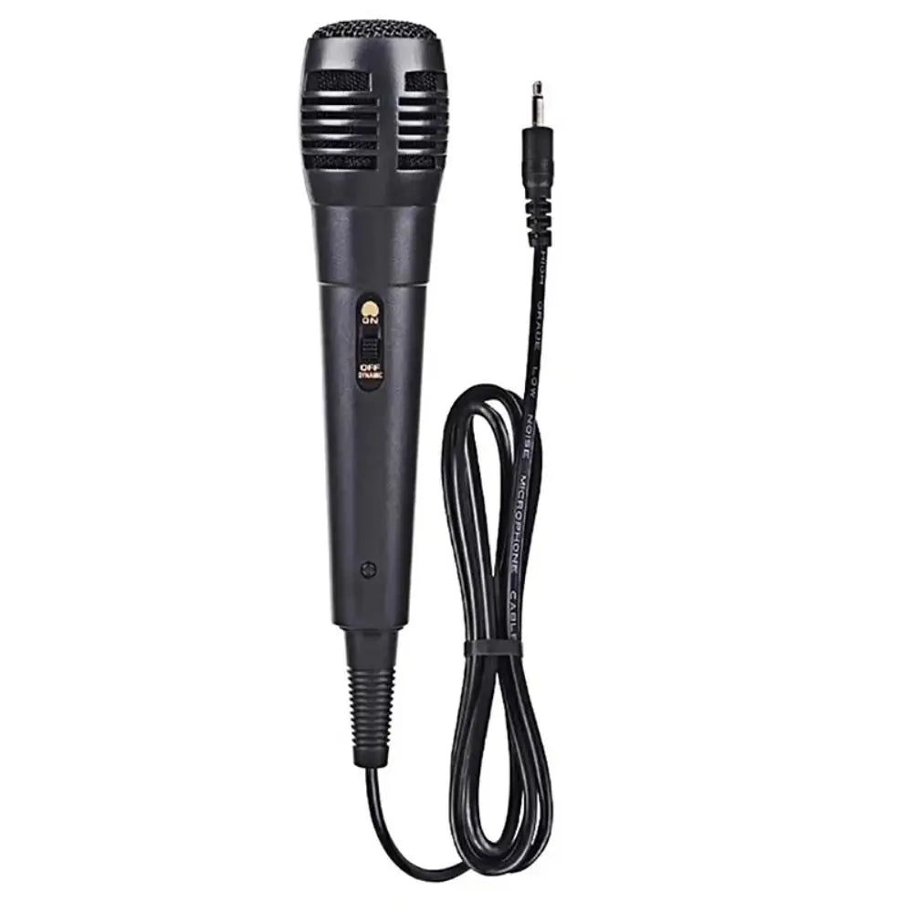 Black wired professional dynamic vocal microphone with textured grille and on/off switch for karaoke recording