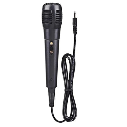 Black wired professional dynamic vocal microphone with textured grille and on/off switch for karaoke recording
