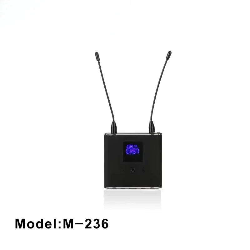 Black rectangular professional wireless audio interface receiver with two antennas and blue digital display for studio recording