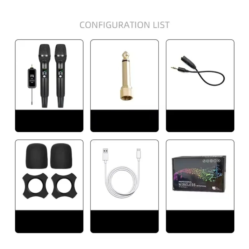 Black professional wireless bluetooth handheld microphones with digital displays and matching suppression uhf dual-channel receiver for karaoke