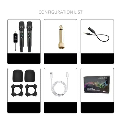 Black professional wireless bluetooth handheld microphones with digital displays and matching suppression uhf dual-channel receiver for karaoke
