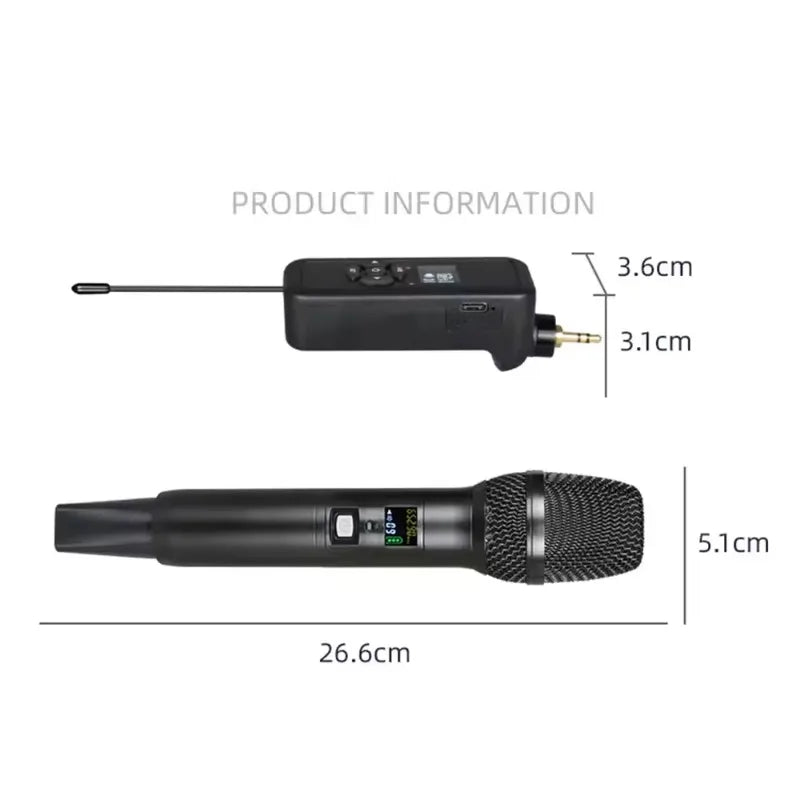 Black professional wireless bluetooth microphone with metallic mesh grille featuring feedback suppression uhf dual-channel design