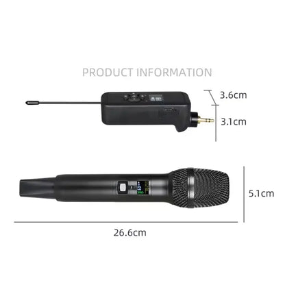 Black professional wireless bluetooth microphone with metallic mesh grille featuring feedback suppression uhf dual-channel design