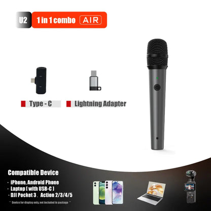 Professional wireless handheld black microphone with textured grille and silver accent band broadcast mic compatible with smartphones