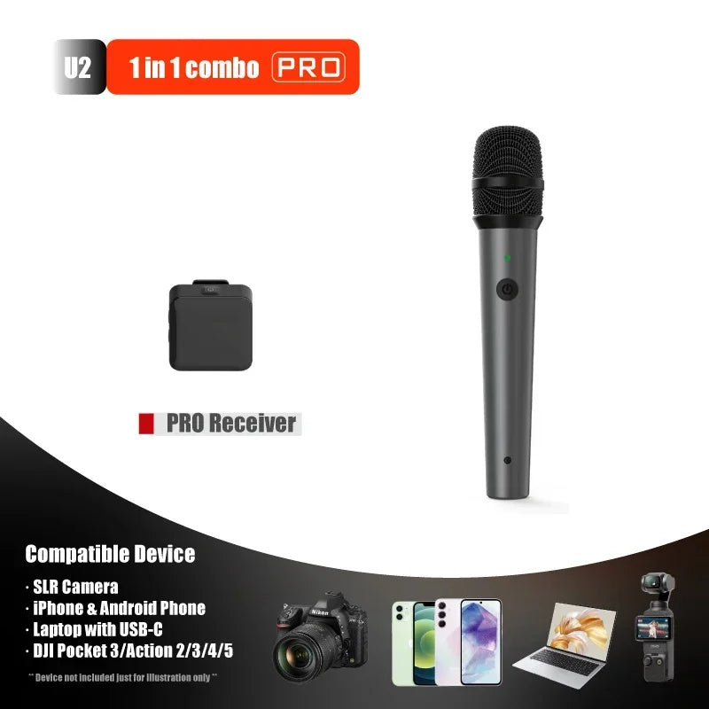 Black u2 pro professional wireless handheld microphone with textured grille metallic body broadcast mic compatible for interview