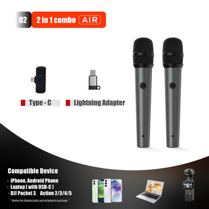 Black professional wireless handheld microphones with mesh grilles and green indicator lights broadcast mic compatible for type beat music