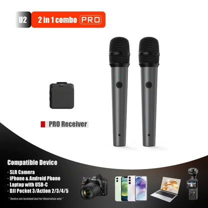 Black u2 pro 2-in-1 combo professional wireless handheld microphones with mesh grilles and matching receiver, broadcast mic compatible for type beat music