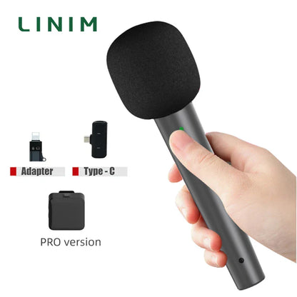 Professional wireless handheld microphone with black foam cover and green led by linim compatible with broadcast mic type beat music