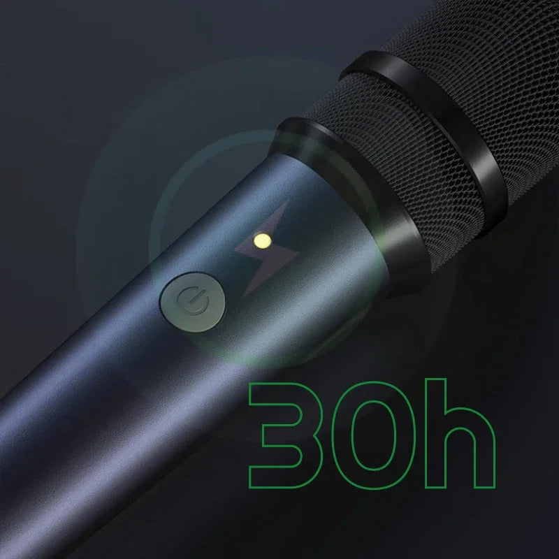 Professional wireless handheld black matte microphone with power button and lightning bolt indicator broadcast mic compatible
