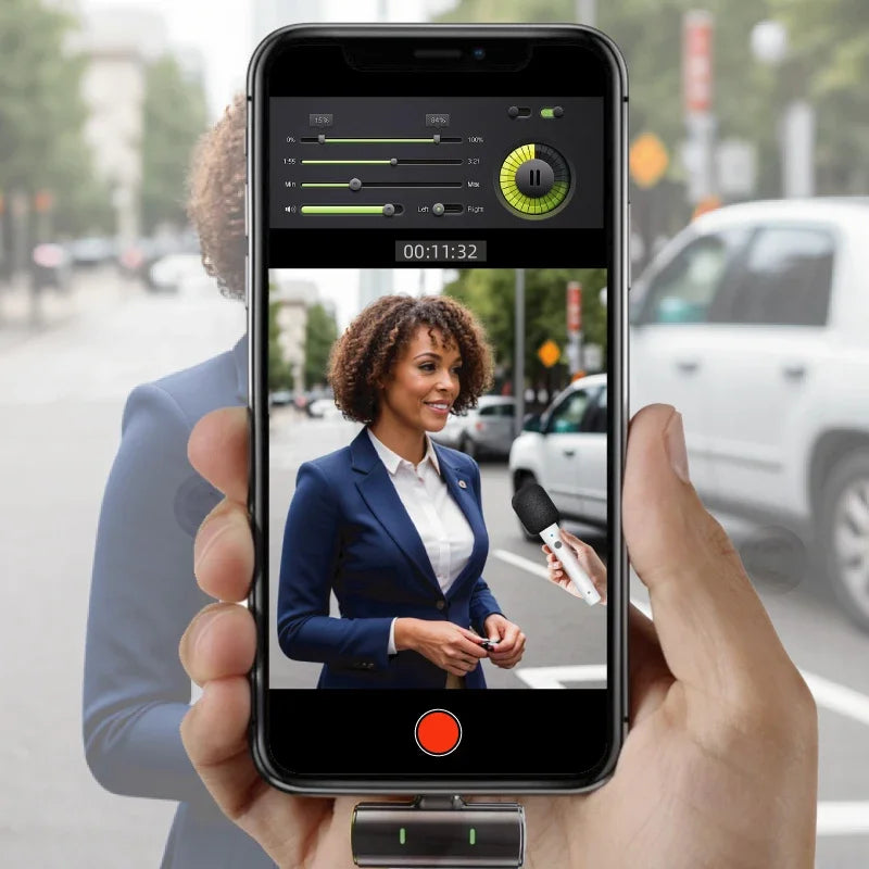 Black smartphone displaying video recording interface with audio meters and green pause button held in hand for professional wireless handheld broadcast mic compatible with iphone and smartphones type beat music