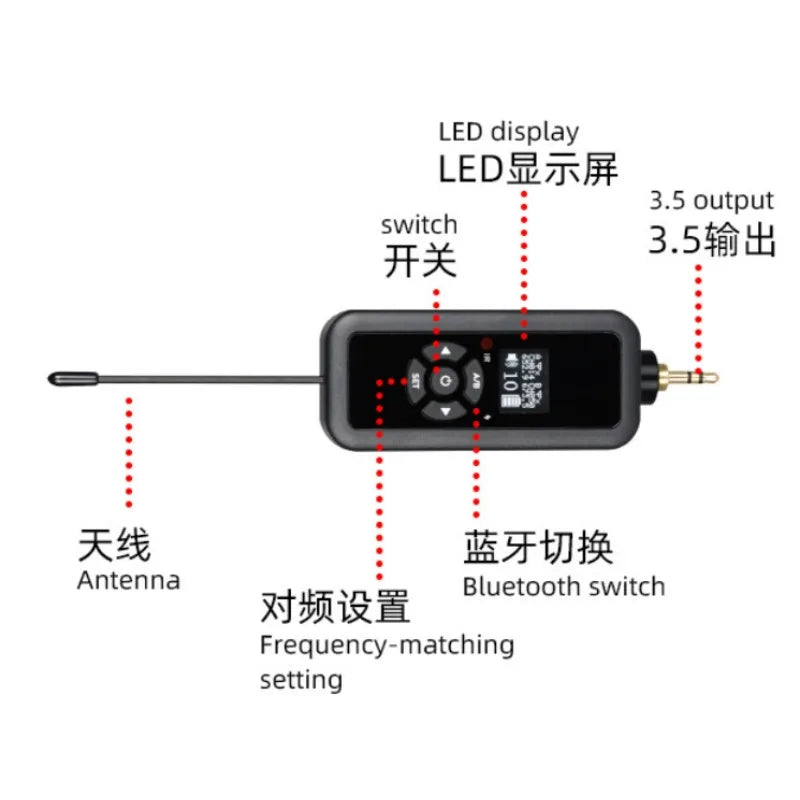Black professional wireless infrared lavalier microphone transmitter with dsp reverb and infrared frequency-matching controls