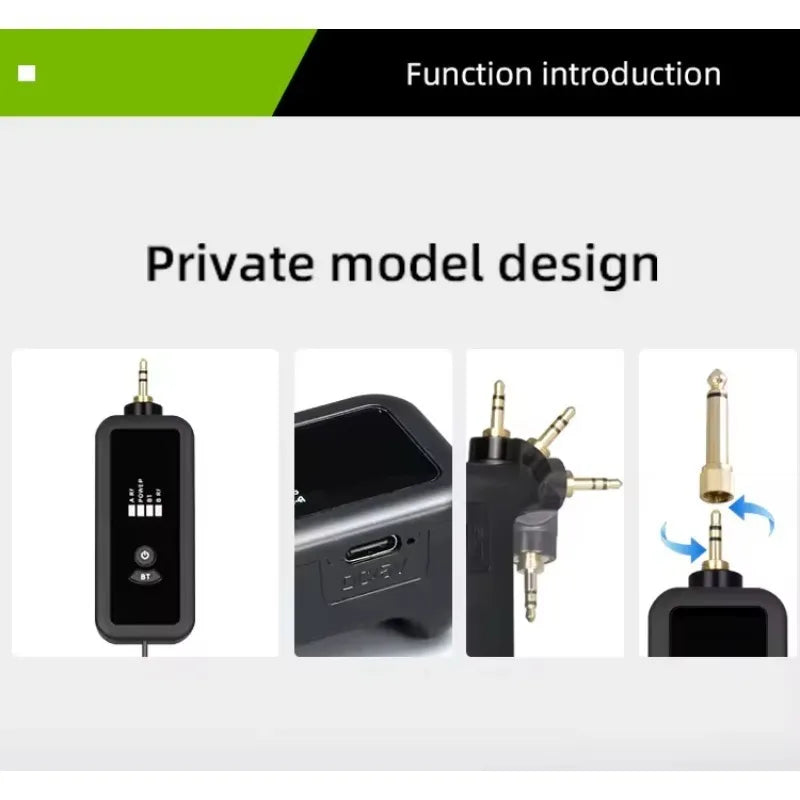 Black compact professional wireless infrared audio transmitter with dsp reverb and multiple gold-plated 3.5mm adapters