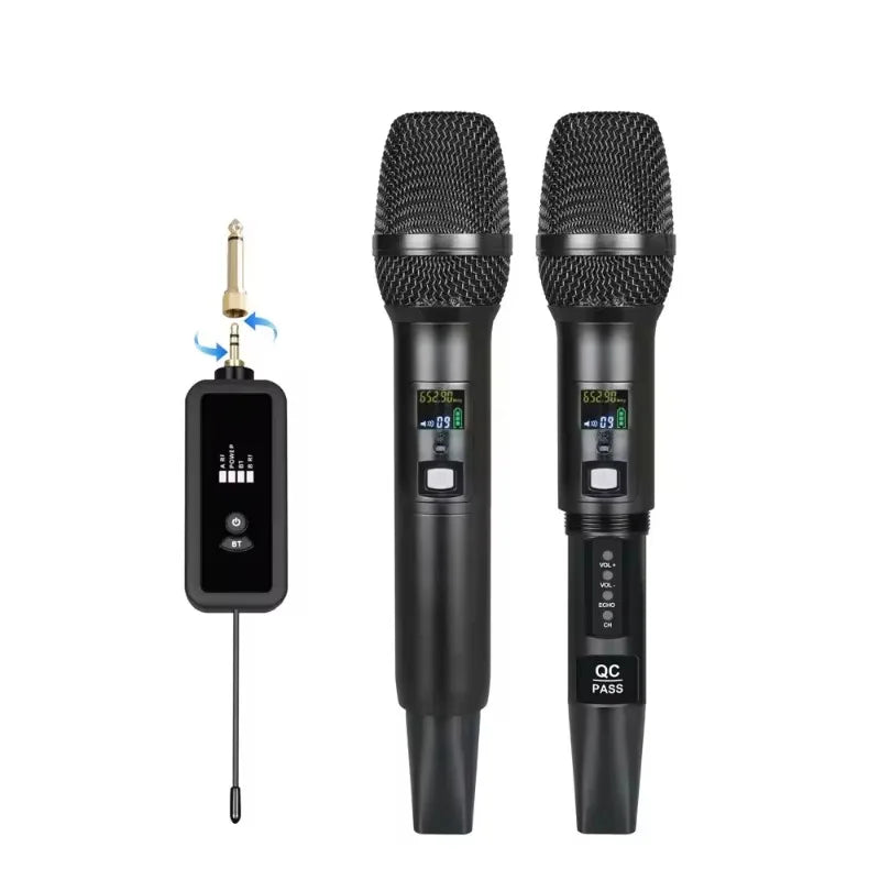 Black professional wireless infrared frequency-matching microphone set with dsp reverb and feedback suppression for karaoke