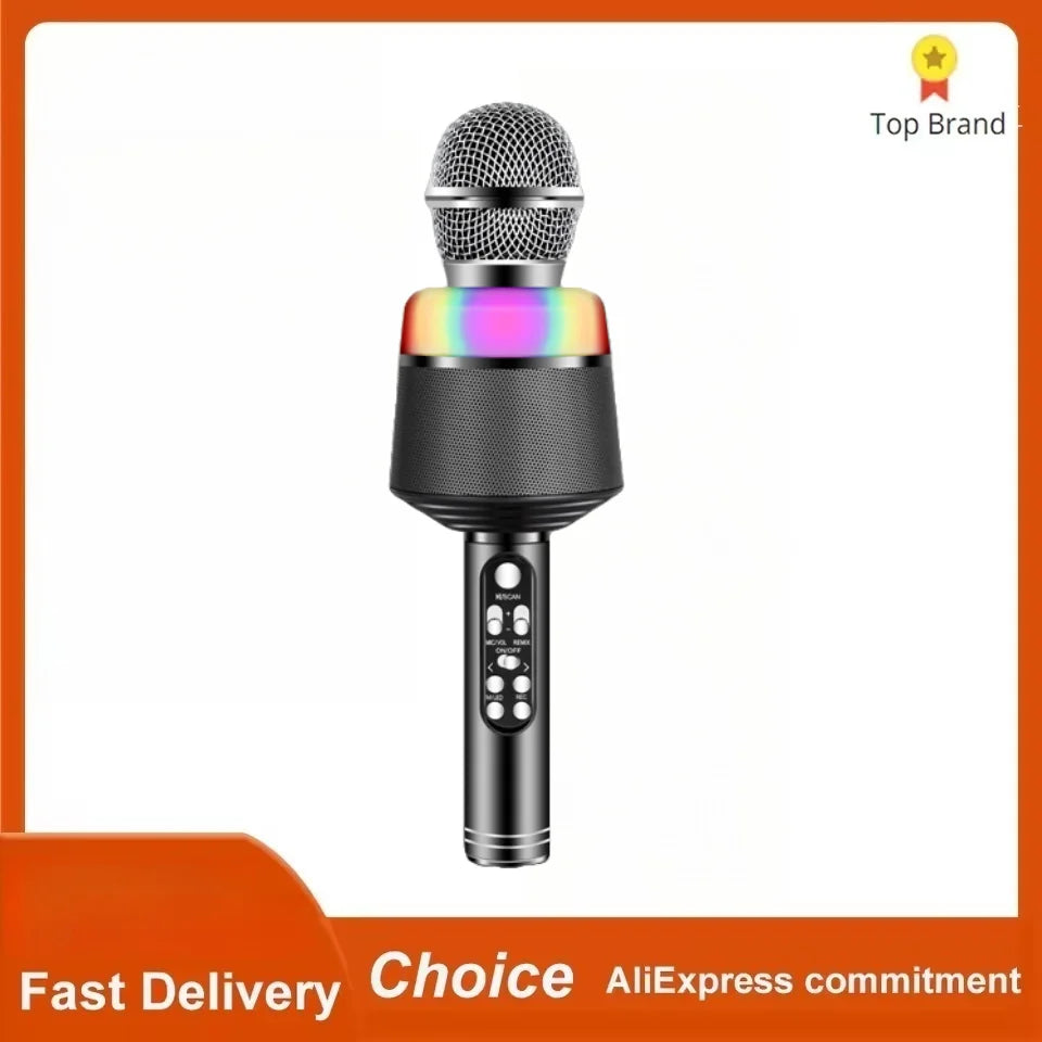 Professional wireless karaoke microphone with metallic mesh grille and rainbow led light ring for machine featuring surround sound
