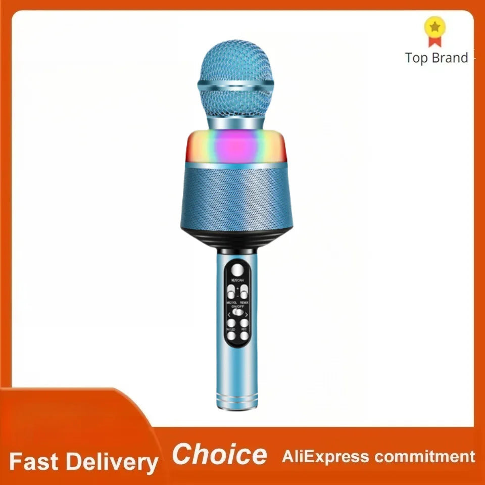 Blue professional wireless karaoke microphone with mesh grille and rainbow led light ring surpasses ordinary microphones