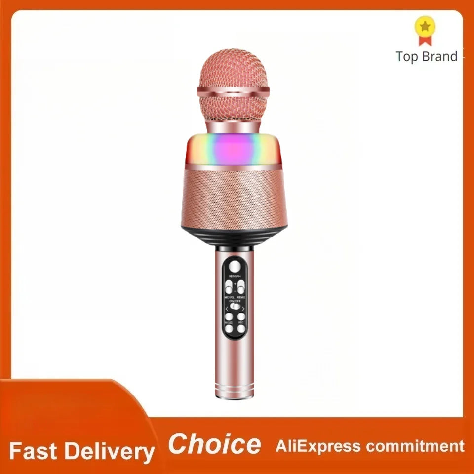Rose gold professional wireless karaoke microphone with mesh grille, rainbow led ring, and surround sound machine controls