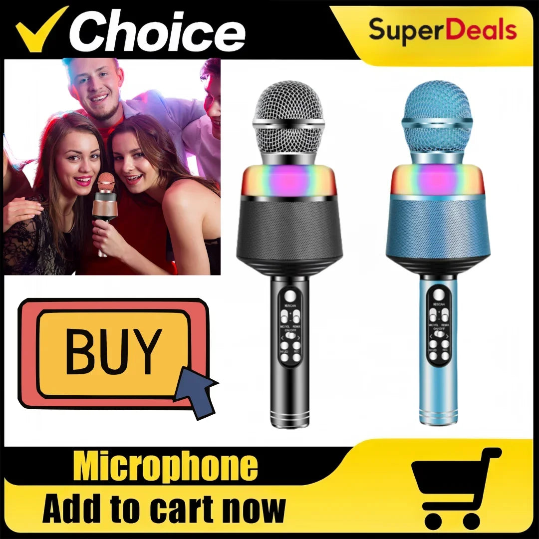 Professional wireless karaoke microphones in black and blue with rainbow speaker sections on a machine featuring surround sound that surpasses ordinary microphones